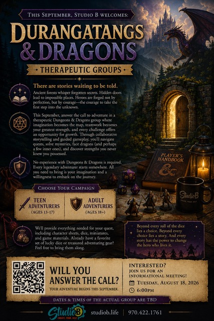 7.17.26StudioB D&D therapy group.Flyer w QR code